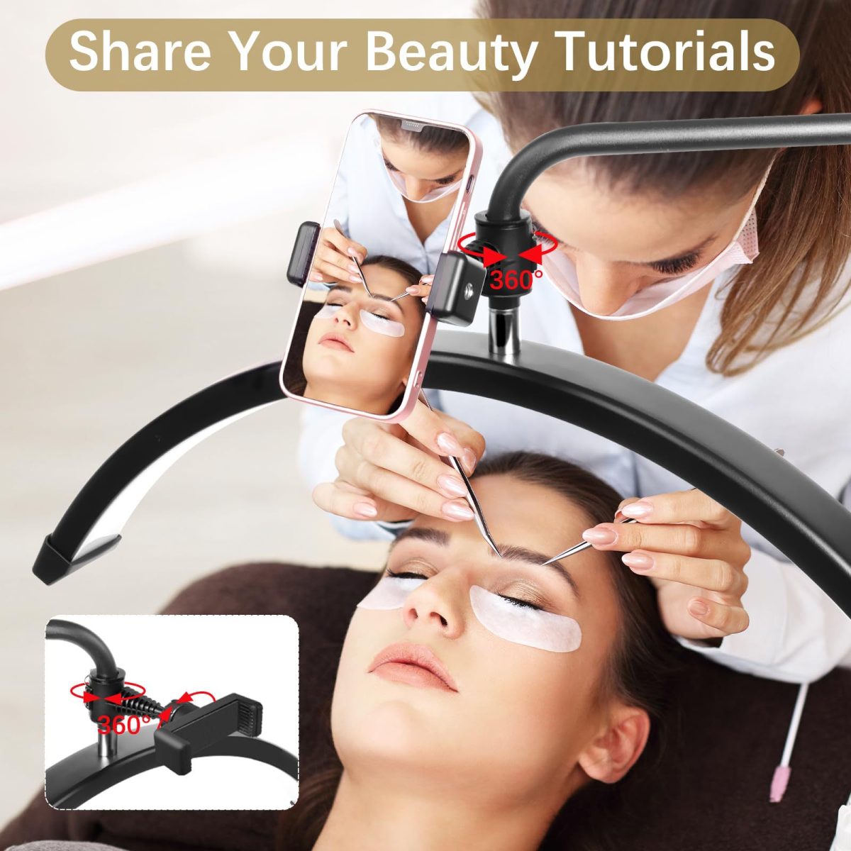 24-inch half-moon beauty lamp with diamond, tattoo lamp, U-shaped eyelash lamp, eye protection floor-standing beauty lamp for face - 图片 4