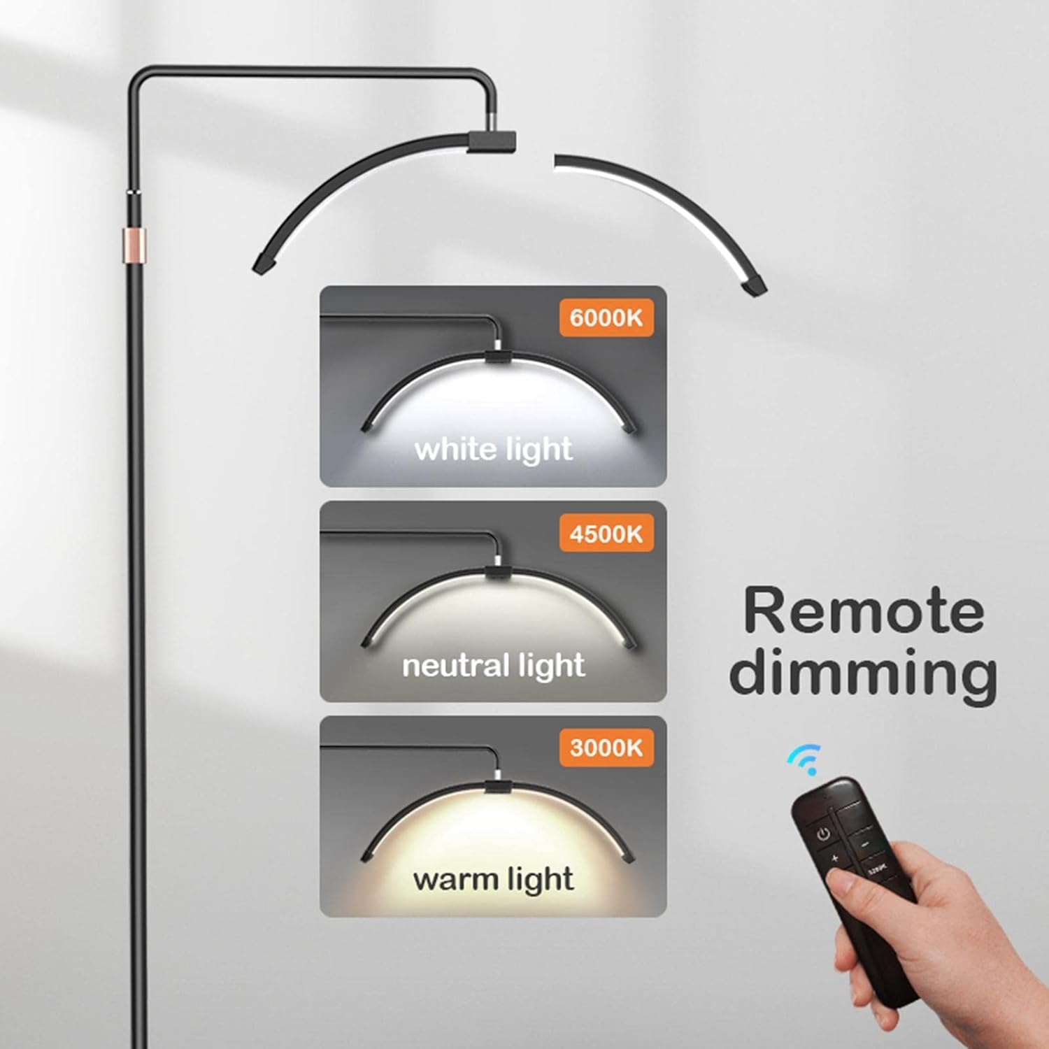 61LrYdJSJDL._SL1500_ Arc LED Beauty Lamp Floor Stand with Remote Control Dimming - 3 Color Temperature Modes 3000K-6000K - Adjustable Height 140-180cm for Spa Facial Massage Eyelash Extensions Salon - 图片 3