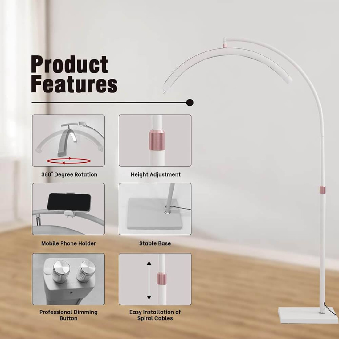 6600067-3-1100x1100 27" LED Moon Light Beauty Lamp - 360° Rotation - Adjustable Height Floor Stand - Phone Holder Included - Stepless Dimming - Dual Color Temperature - Professional Salon Spa Equipment - Image 4