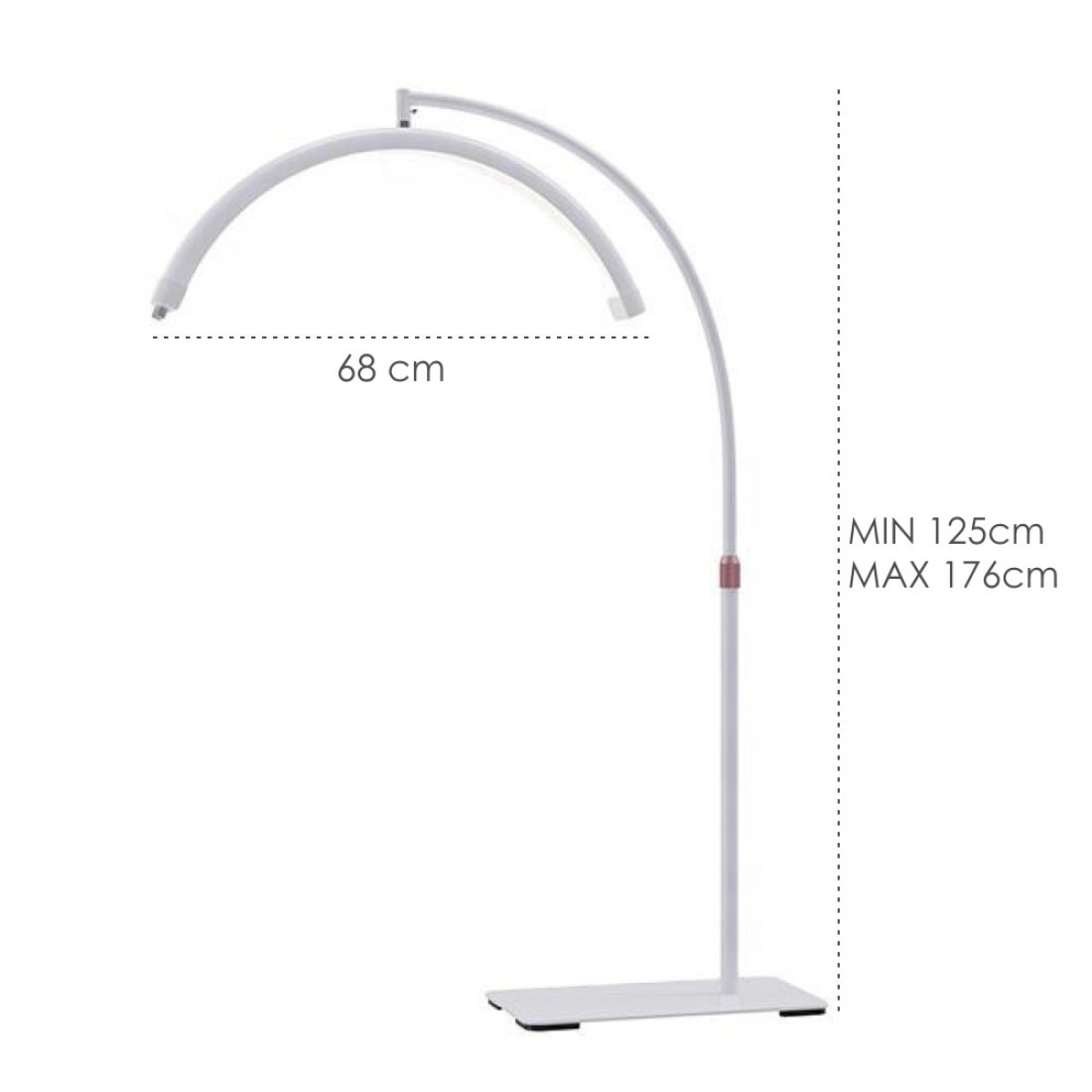 6600095--dimensions-1100x1100 27" LED Moon Light Beauty Lamp - 360° Rotation - Adjustable Height Floor Stand - Phone Holder Included - Stepless Dimming - Dual Color Temperature - Professional Salon Spa Equipment - Image 6