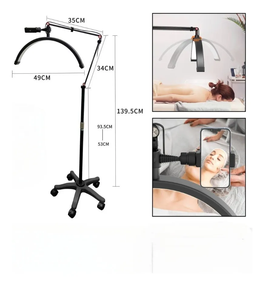 D_NQ_NP_2X_618713-MLB76804201804_062024-F-luminaria-led-meia-lua-estetica-spa-arco-ajustavel Half Moon LED Beauty Lamp with Rolling Stand 360° Rotation - Adjustable Height Floor Salon Light for Facial Spa Massage Eyelash Extensions - Professional Skincare Lighting with Phone Holder - 图片 1