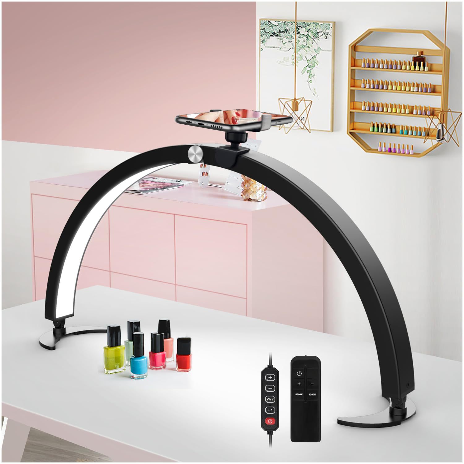 主图-02 29 Inch Foldable Half Moon LED Beauty Lamp for Eyelash Extensions Eyebrow Microblading Nail Art - U Shape Dimmable Desk Light with Remote Control 7 Color Modes 10 Brightness Levels - 图片 1