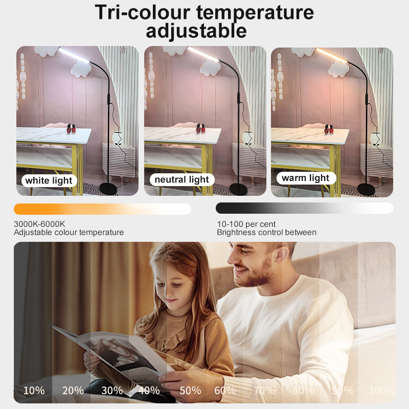 主图-02 Full Spectrum Floor Lamp with Touch Control | Tri-Color Temperature 3000K-6000K Eye Care Reading Light | CRI 97 Adjustable Brightness Desk Lamp for Study & Office - 图片 4