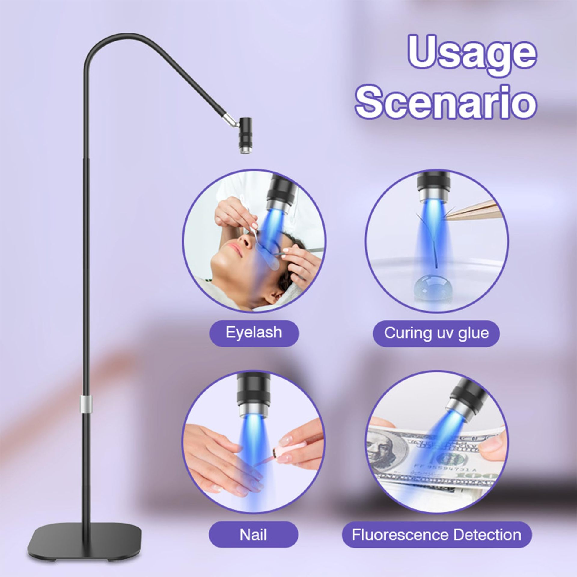 主图-03 Professional UV LED Floor Lamp for Eyelash Extensions | Adjustable Gooseneck Beauty Curing Light with Touch Dimming | Nail Gel Glue Dryer Lamp for Salon & Home Use - 图片 2