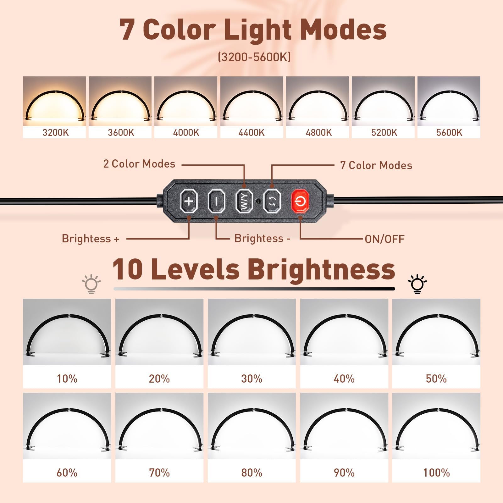 主图-03 29 Inch Foldable Half Moon LED Beauty Lamp for Eyelash Extensions Eyebrow Microblading Nail Art - U Shape Dimmable Desk Light with Remote Control 7 Color Modes 10 Brightness Levels - 图片 2