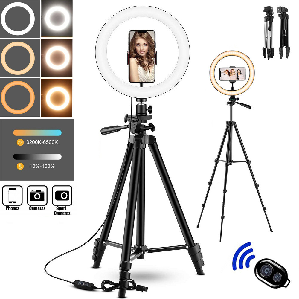主图-04 10" 12" Selfie Ring Light with Tripod Stand - Dimmable LED Ring Light for Live Streaming Photography Makeup Video Recording - 3 Color Modes 10 Brightness Levels with Phone Holder & Remote Control - 图片 4