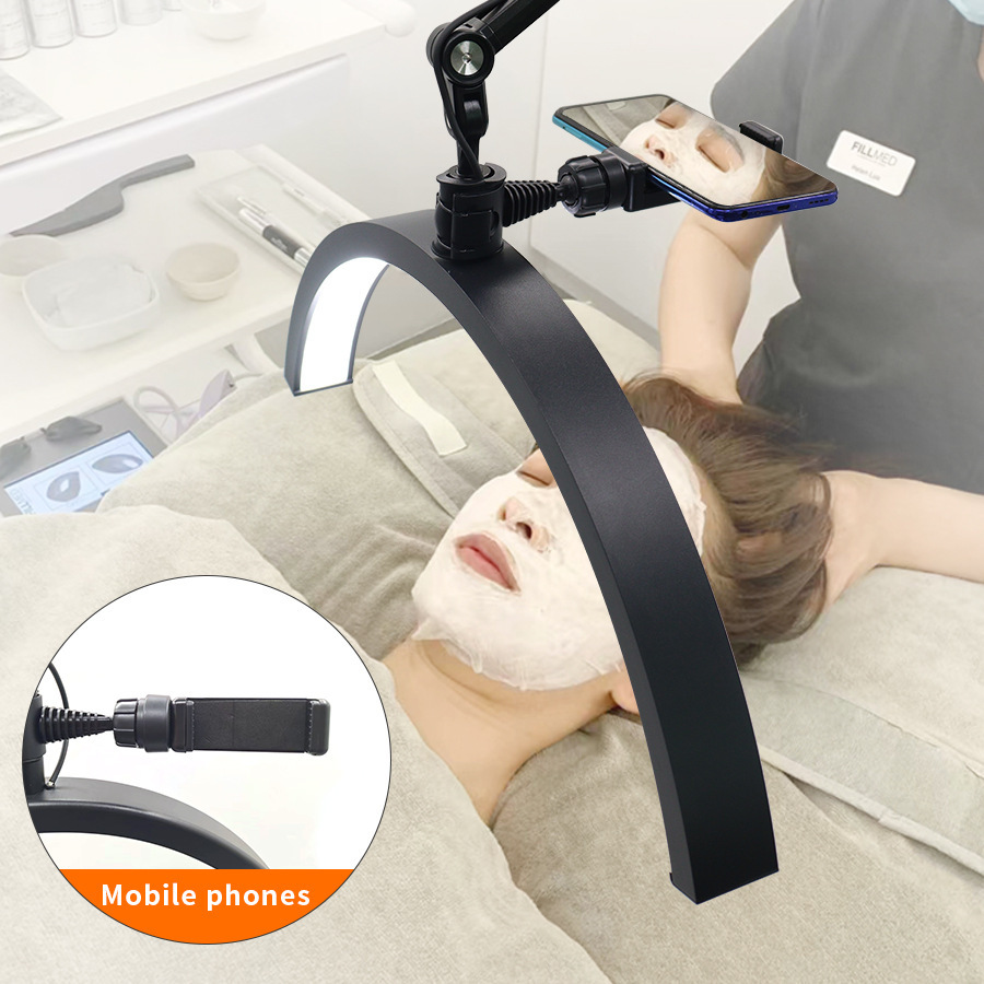 主图-04 Half Moon LED Beauty Lamp with Rolling Stand 360° Rotation - Adjustable Height Floor Salon Light for Facial Spa Massage Eyelash Extensions - Professional Skincare Lighting with Phone Holder - 图片 4