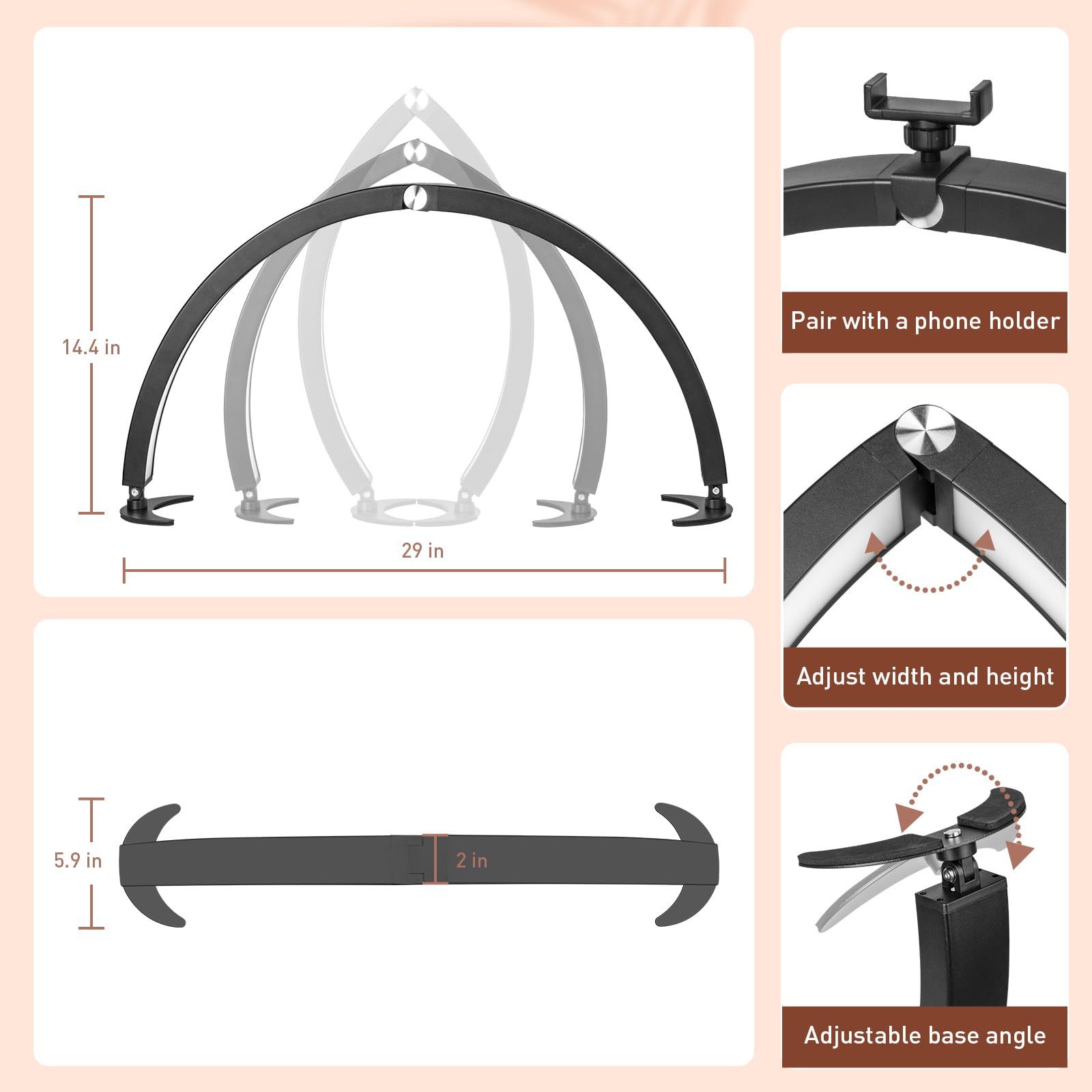 主图-05 29 Inch Foldable Half Moon LED Beauty Lamp for Eyelash Extensions Eyebrow Microblading Nail Art - U Shape Dimmable Desk Light with Remote Control 7 Color Modes 10 Brightness Levels - 图片 4