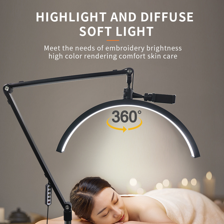 主图-05 Half Moon LED Beauty Lamp with Rolling Stand 360° Rotation - Adjustable Height Floor Salon Light for Facial Spa Massage Eyelash Extensions - Professional Skincare Lighting with Phone Holder - 图片 2