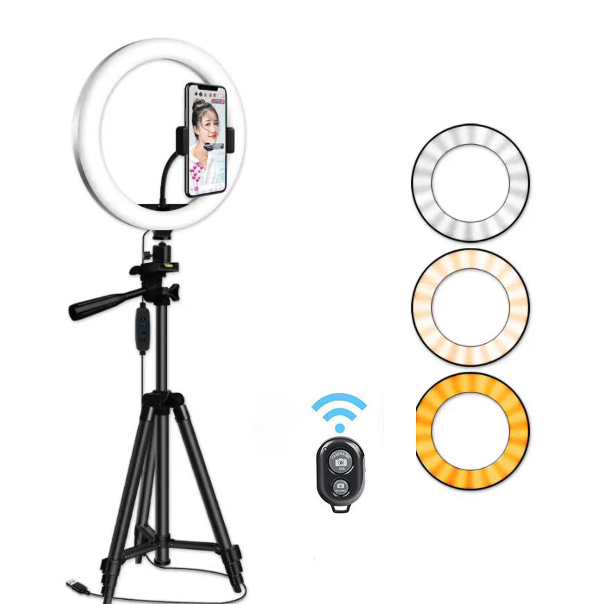 主图-06 10" 12" Selfie Ring Light with Tripod Stand - Dimmable LED Ring Light for Live Streaming Photography Makeup Video Recording - 3 Color Modes 10 Brightness Levels with Phone Holder & Remote Control - 图片 3